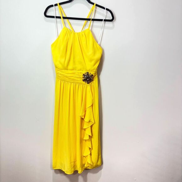 Nine West Yellow Halter Dress Size 8 Brocade Ruffles Flowy Swing Mod Retro - Picture 2 of 12